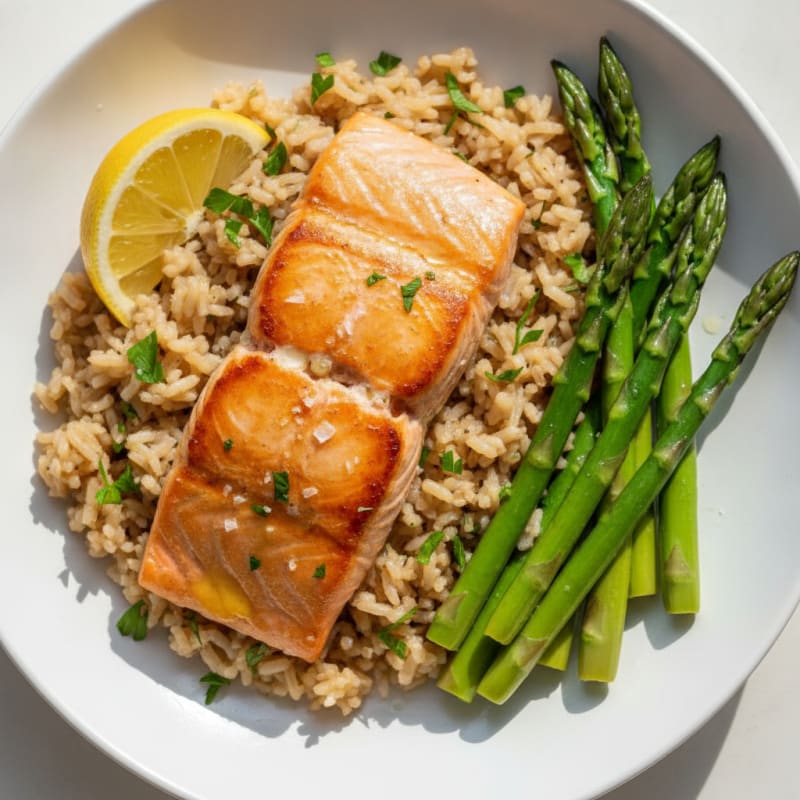 Pan-Seared Salmon with Herbed Brown Rice and Steamed Asparagus