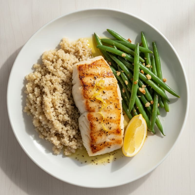 Seared Cod Fillet with Garlic Green Beans and Quinoa