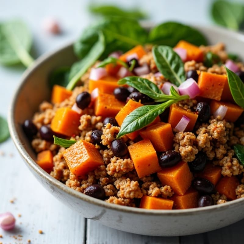 Crispy Spiced Ground Turkey and Roasted Sweet Potato Bowl