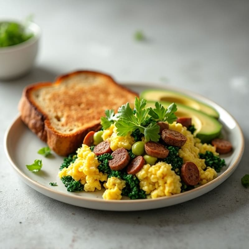 Egg White Scramble with Turkey Sausage, Sautéed Spinach & Avocado Toast