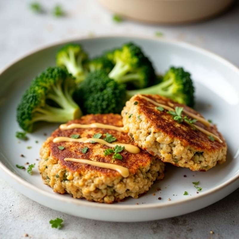 Seared Lentil Patties with Roasted Broccoli and Creamy Tahini Drizzle