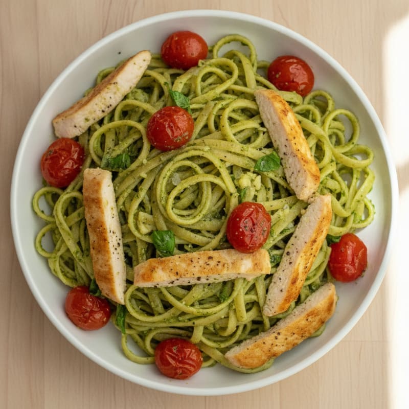 Pesto Chicken Linguine with Blistered Tomatoes