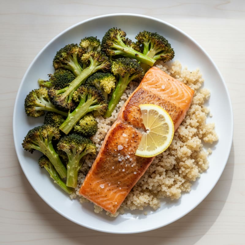 Seared Salmon Filet with Roasted Broccoli and Quinoa