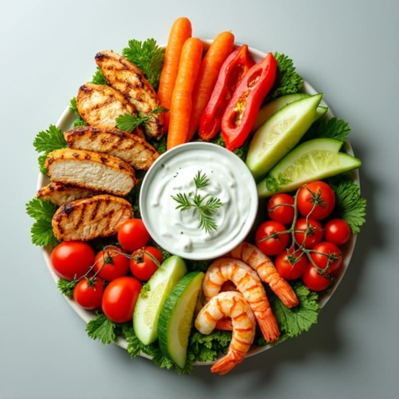 Assorted Lean Protein and Fresh Vegetable Board with Creamy Herb Dip