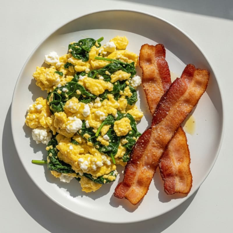 Cottage Cheese Egg Scramble with Sautéed Spinach and Turkey Bacon