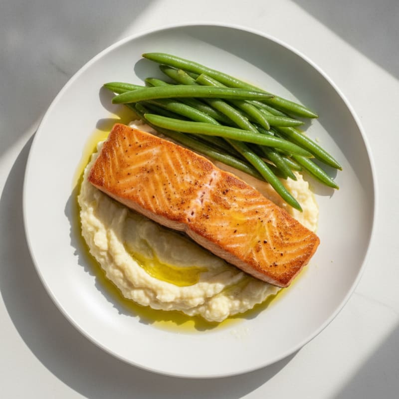 Seared Salmon with Steamed Green Beans and Cauliflower Mash