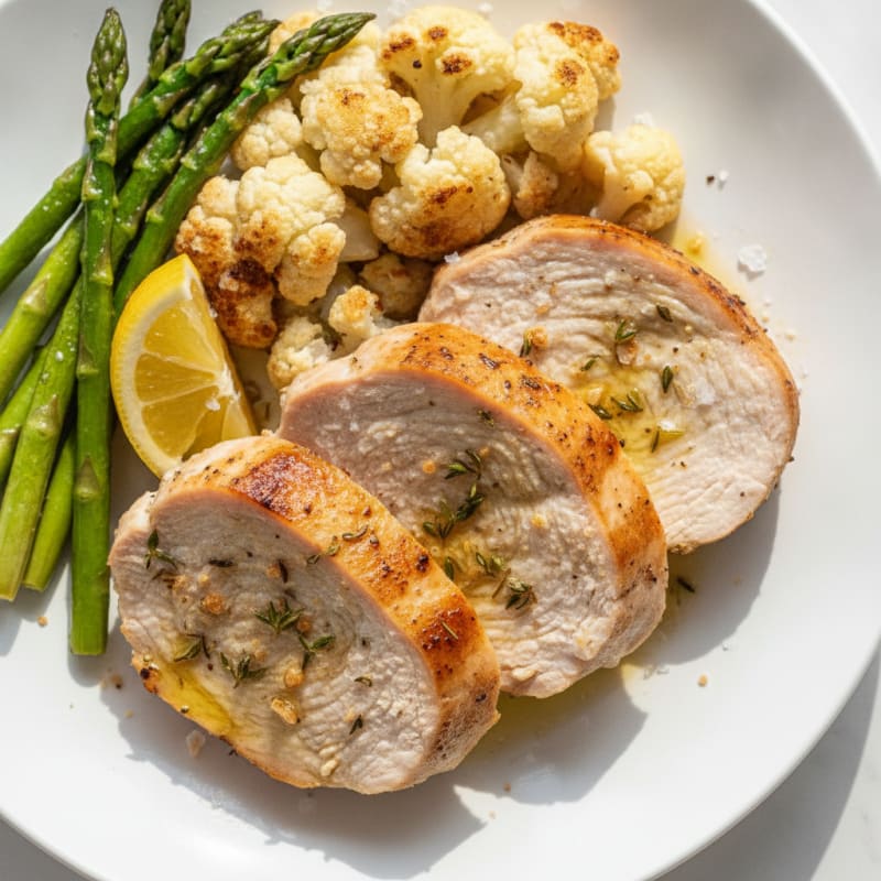 Seared Turkey Breast with Roasted Cauliflower and Asparagus