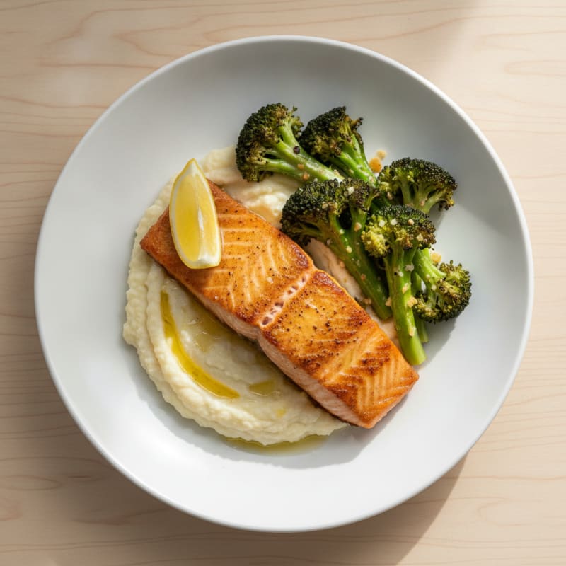 Seared Salmon Fillet with Roasted Broccoli and Cauliflower Mash