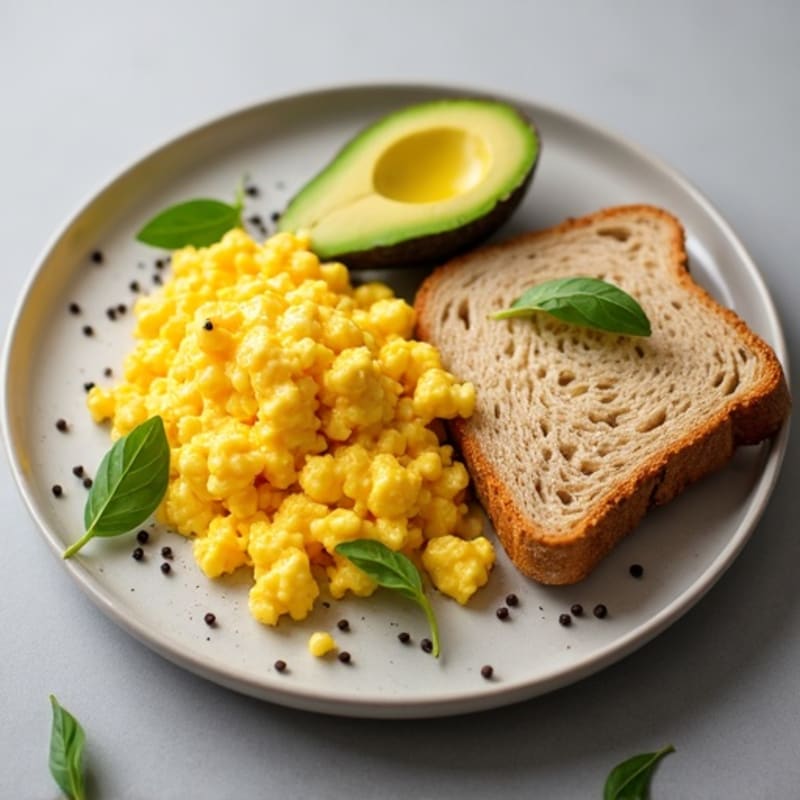 Fluffy Scrambled Eggs with Whole Grain Toast and Sliced Avocado