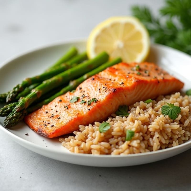 Seared Salmon Fillet with Steamed Asparagus and Brown Rice