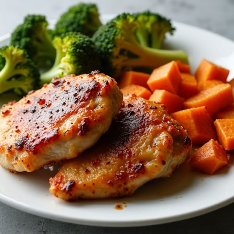 Crispy Maple-Glazed Chicken Thighs with Roasted Sweet Potatoes and Broccoli