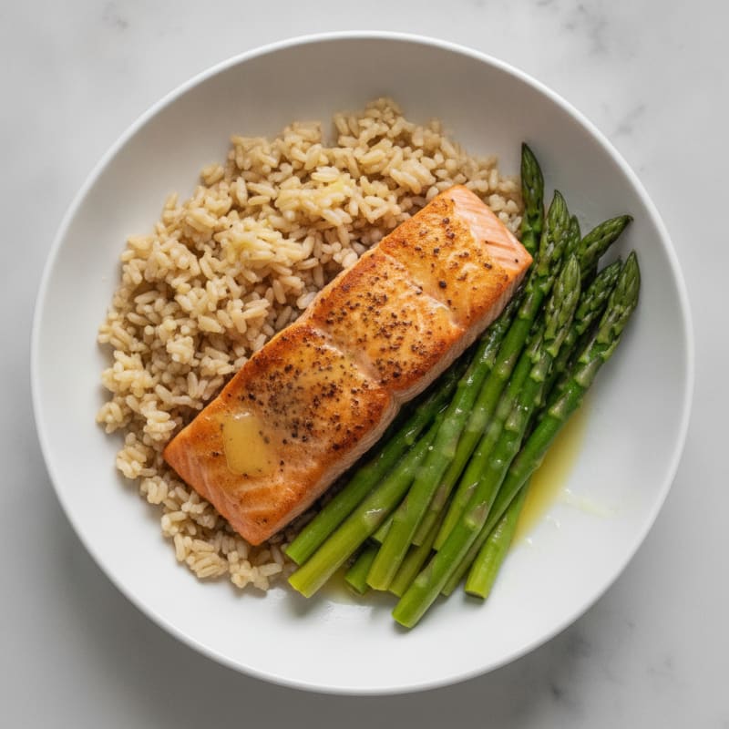Seared Salmon with Steamed Asparagus and Brown Rice