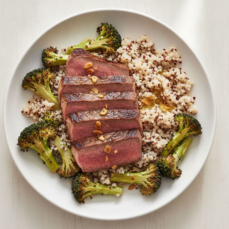 Seared Lean Beef with Roasted Broccoli and Quinoa