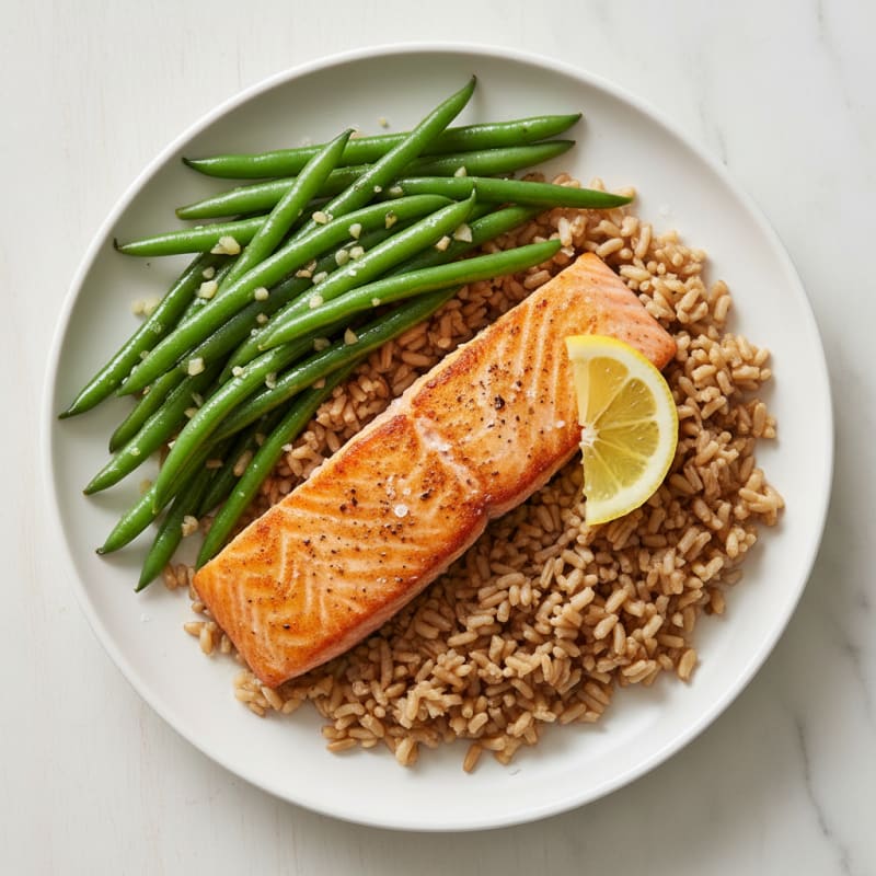 Seared Salmon with Garlic Green Beans and Brown Rice