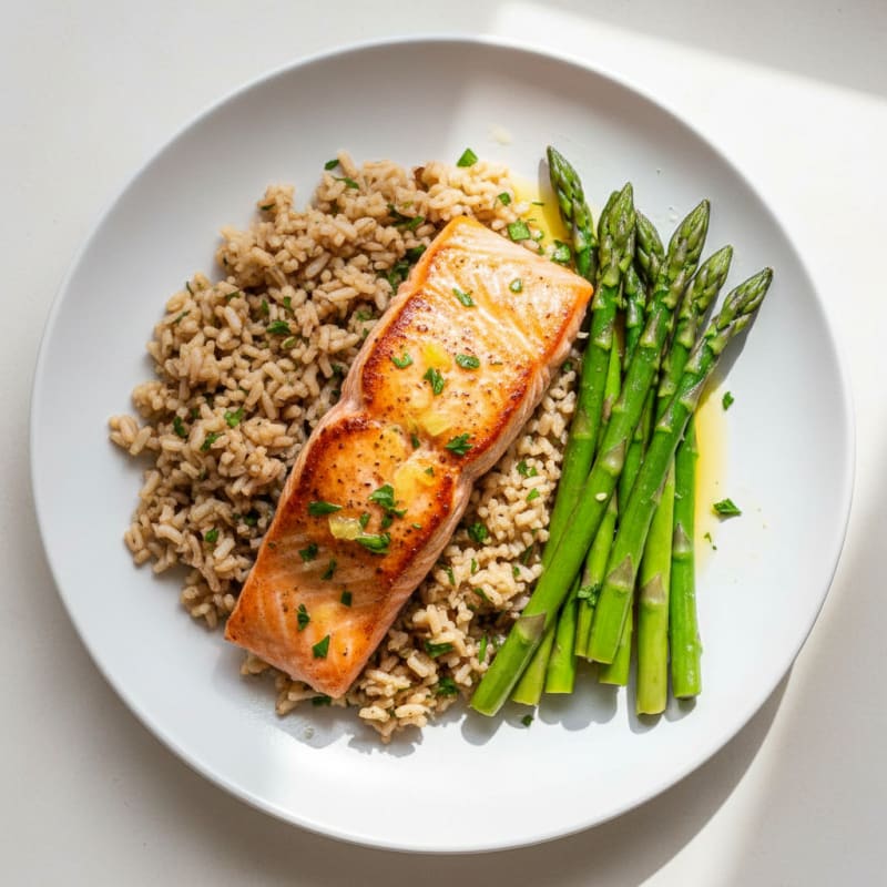 Seared Salmon Fillet with Steamed Asparagus and Herbed Brown Rice
