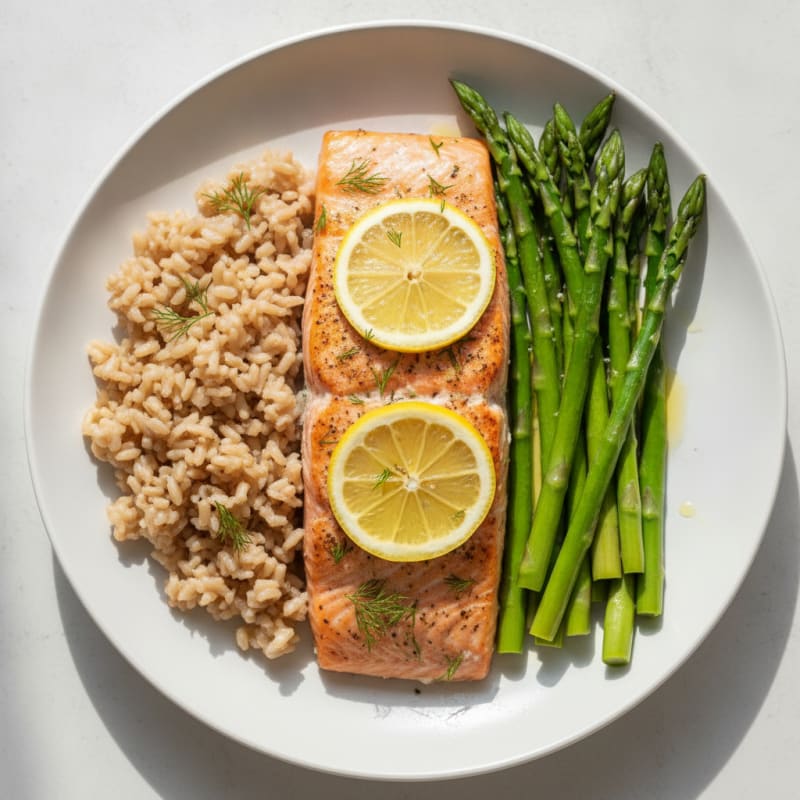 Baked Salmon Fillet with Steamed Asparagus and Brown Rice
