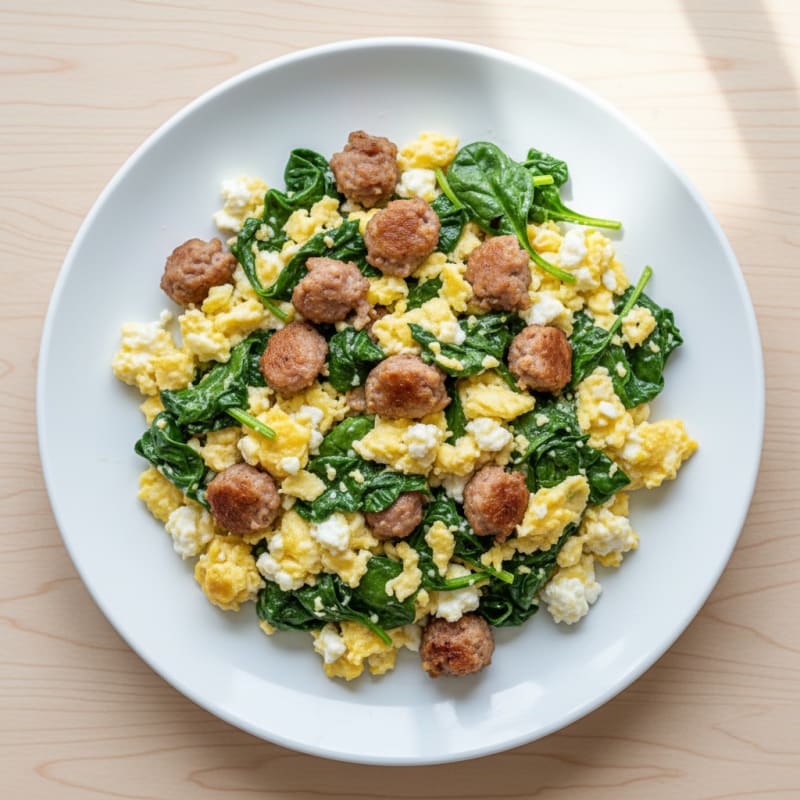Cottage Cheese Egg Scramble with Spinach and Turkey Sausage