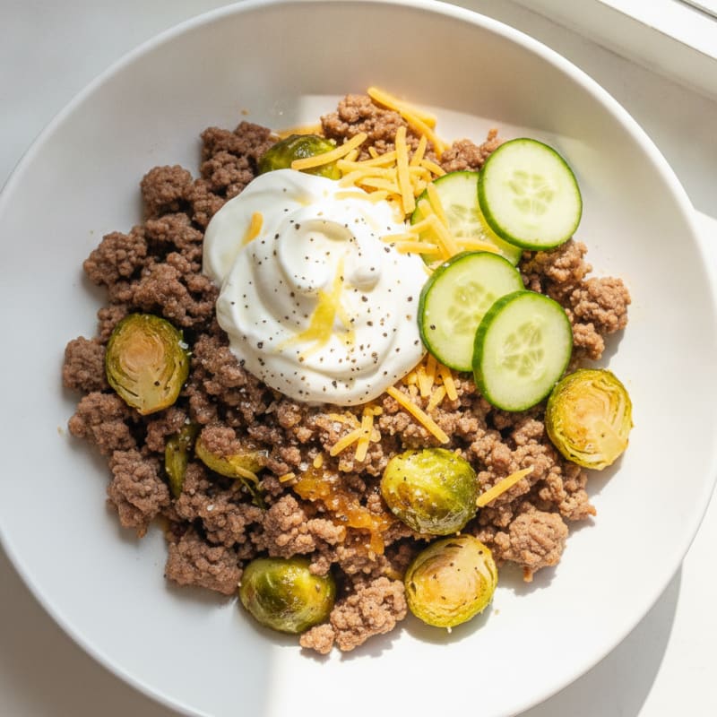 Beef and Sprout Skillet with Tangy Yogurt
