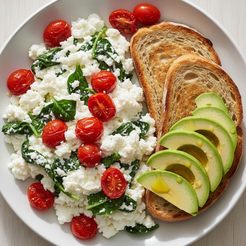 Cottage Cheese Egg White Scramble with Spinach and Cherry Tomatoes
