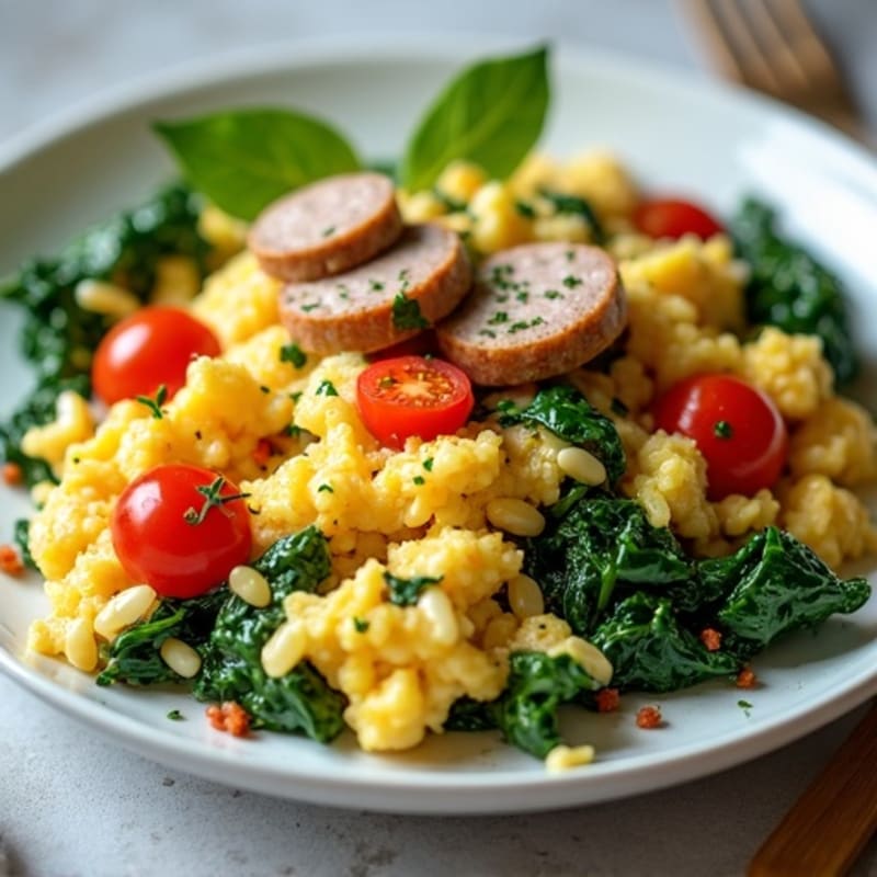 Egg White Veggie Scramble with Turkey Sausage and Spinach