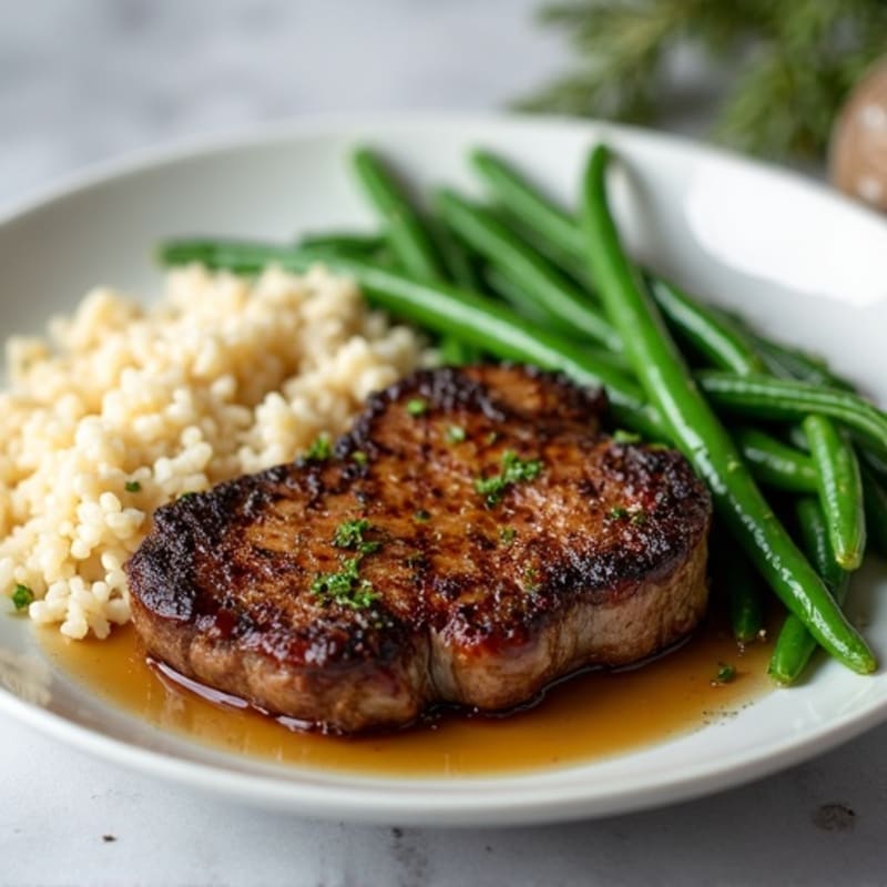 Seared Steak with Garlic Rice and Steamed Green Beans