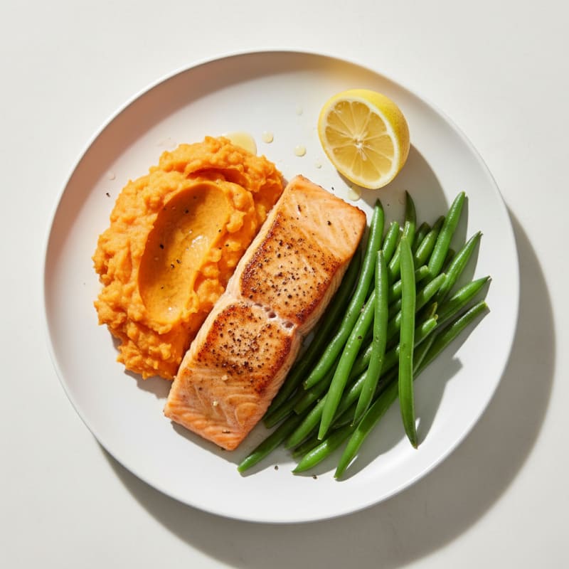 Seared Salmon with Steamed Green Beans and Mashed Sweet Potato