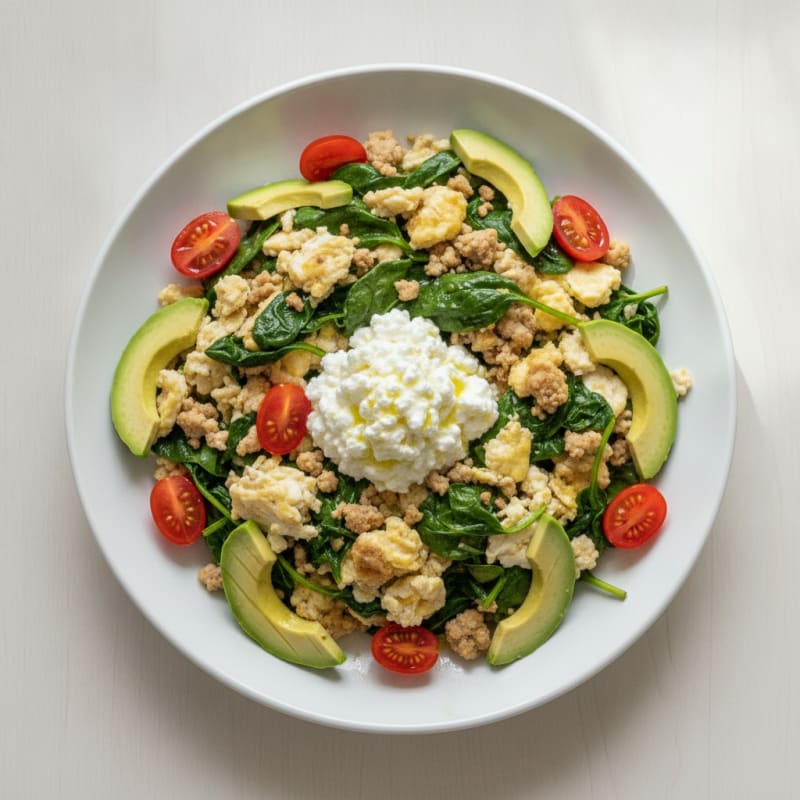 Egg White and Turkey Spinach Scramble with Cottage Cheese