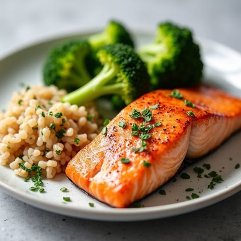 Seared Salmon with Steamed Broccoli and Herbed Brown Rice