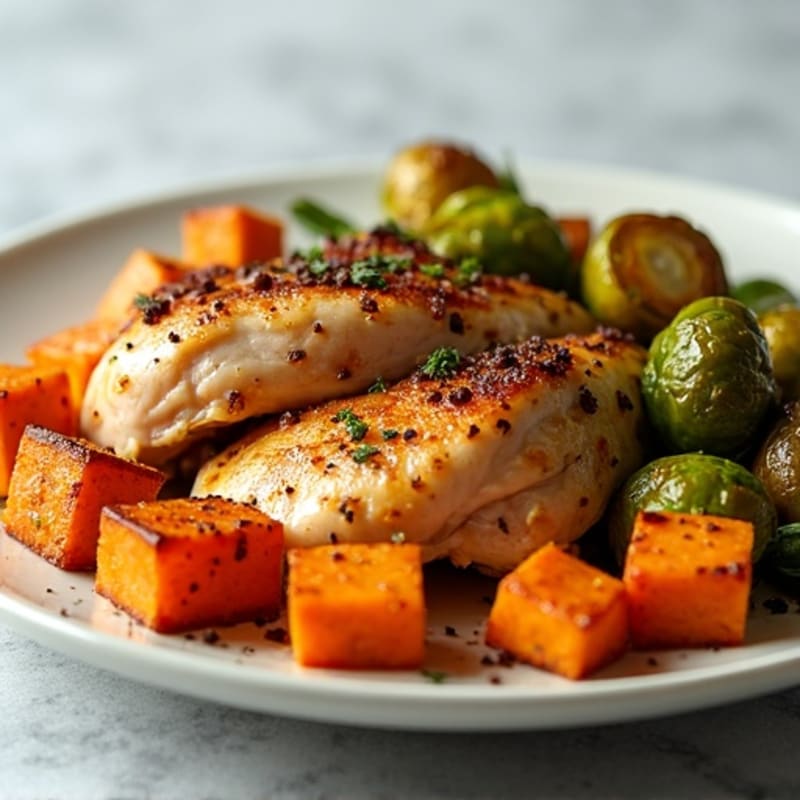 Roasted Sweet Potato and Chicken with Crispy Brussels Sprouts