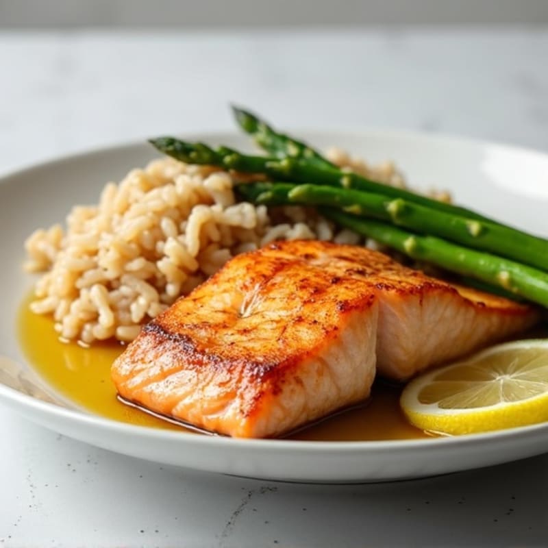 Seared Salmon with Brown Rice and Steamed Asparagus