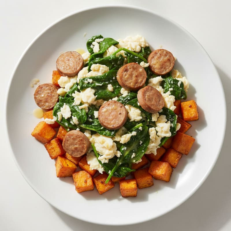 Egg White and Turkey Sausage Scramble with Spinach and Roasted Sweet Potato