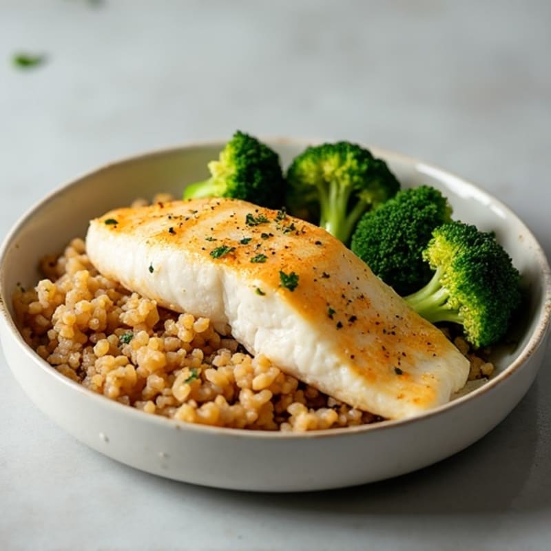 Baked Cod with Steamed Broccoli and Brown Rice