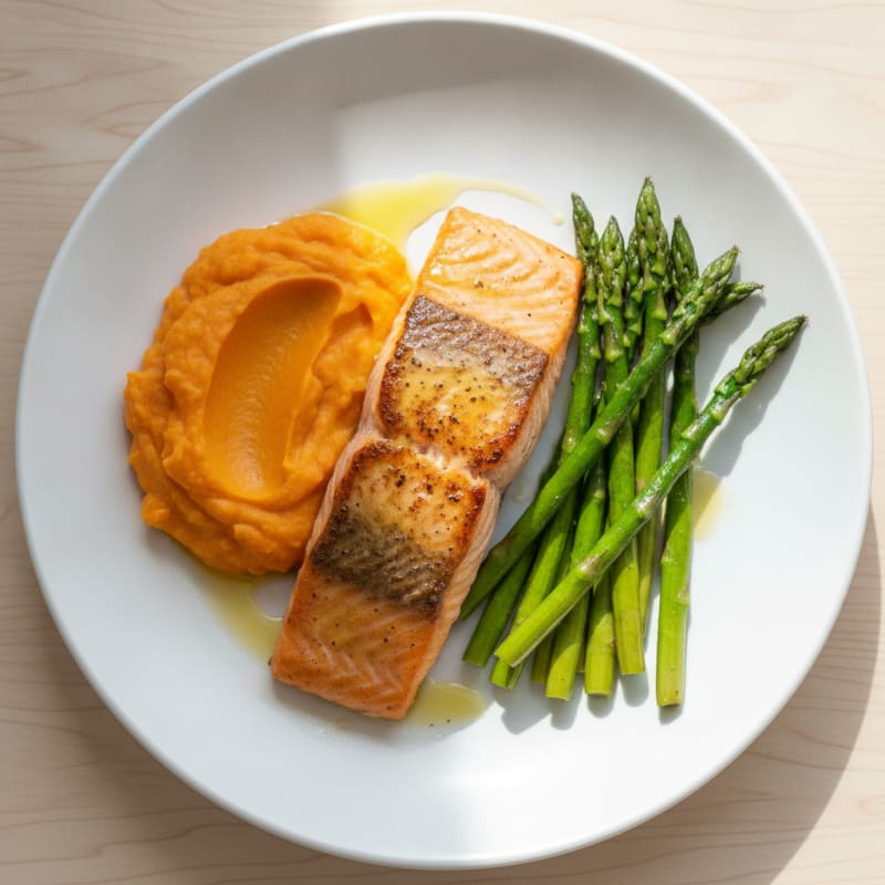 Seared Salmon Fillet with Roasted Asparagus and Sweet Potato Mash