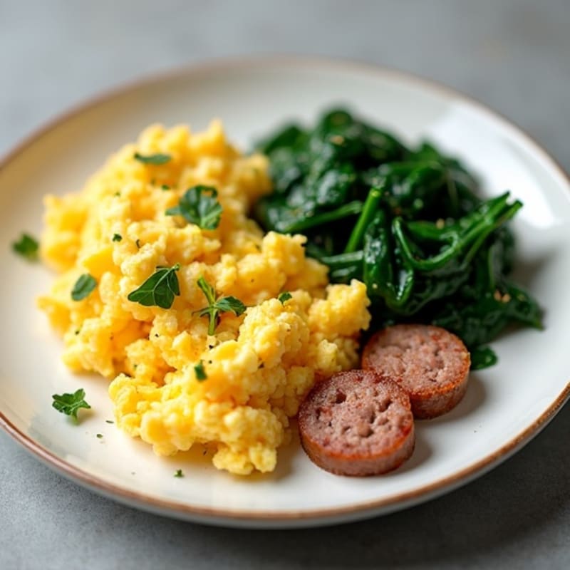 Scrambled Eggs with Turkey Sausage and Sautéed Spinach