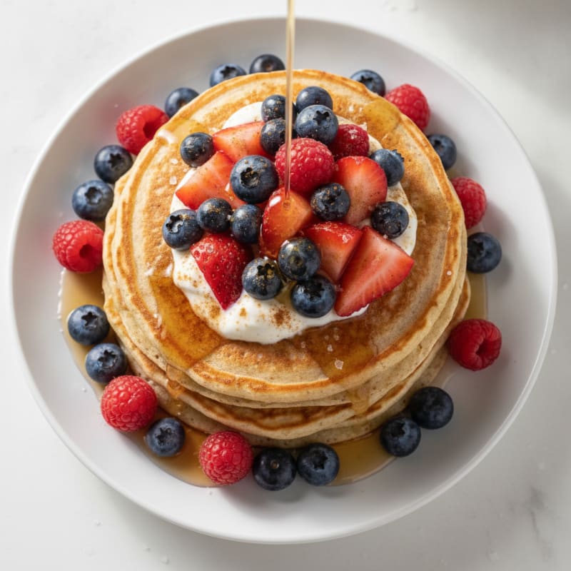 Fluffy Buttermilk-Style Protein Pancakes with Berries