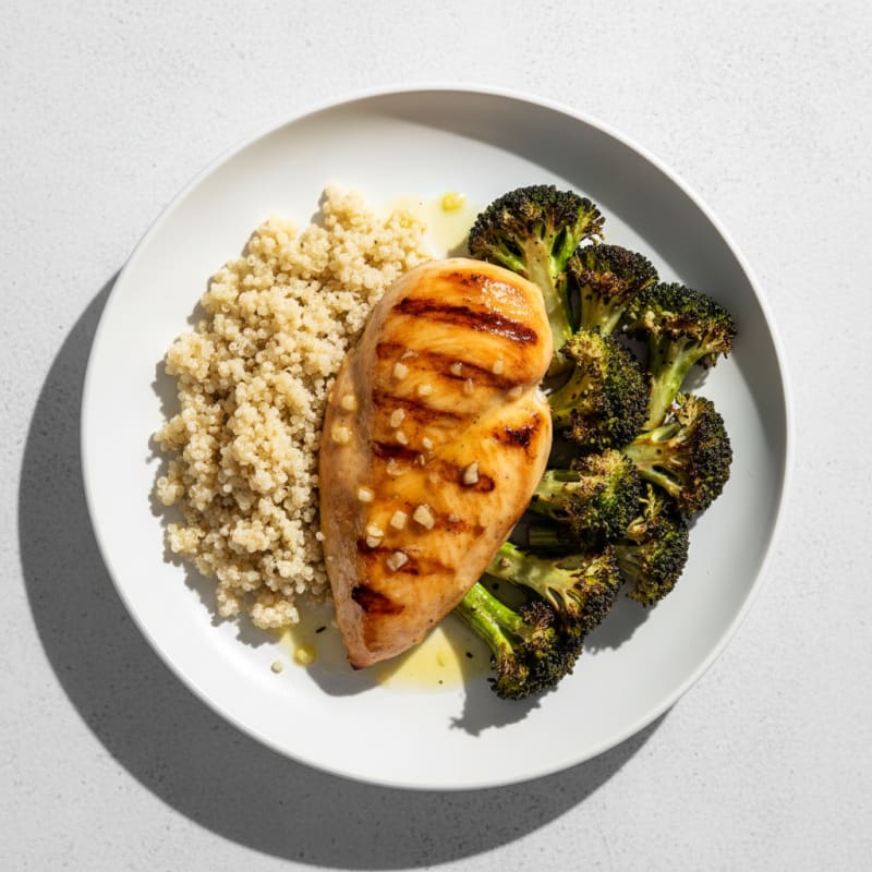 Grilled Lemon-Garlic Chicken Breast with Quinoa and Roasted Broccoli