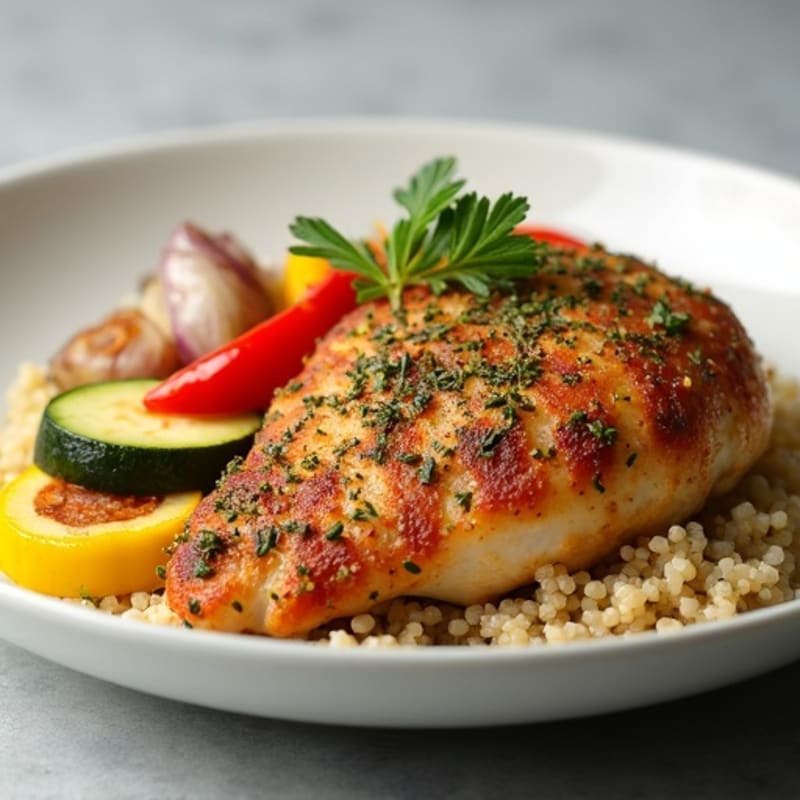 Herb-Crusted Pan Seared Chicken with Roasted Vegetables and Quinoa