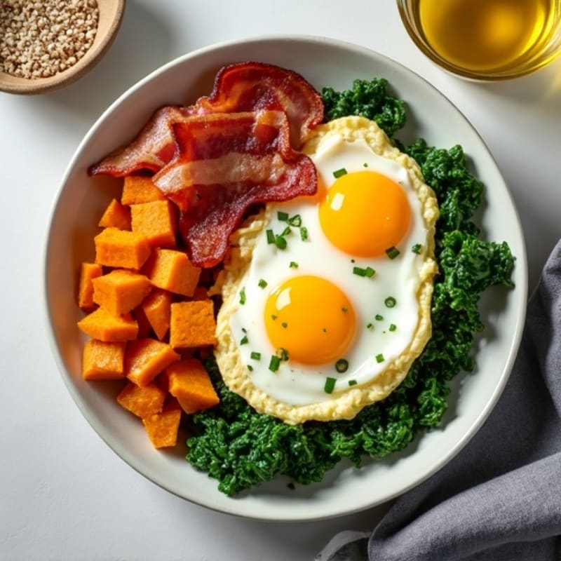 Creamy Scrambled Eggs with Sautéed Spinach and Crispy Sweet Potato Hash
