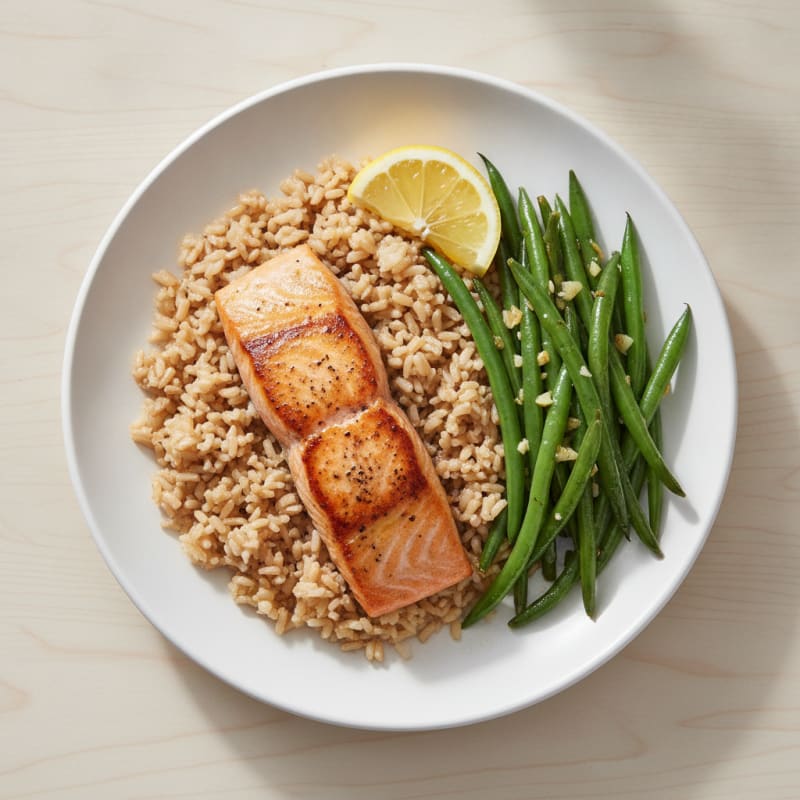 Seared Salmon with Garlic Green Beans and Brown Rice