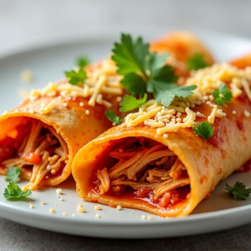 Shredded Chicken Enchiladas with Zesty Red Chili Sauce