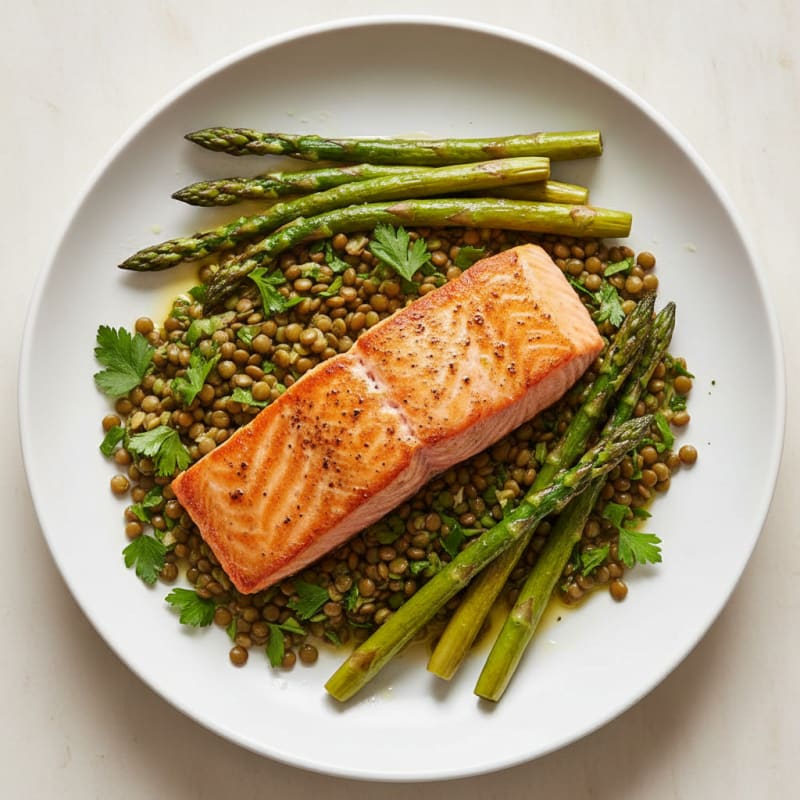 Seared Salmon with Roasted Asparagus and Lentil Salad