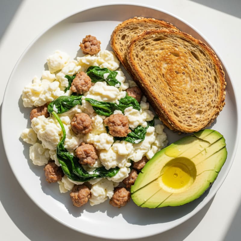 Scrambled Egg Whites with Turkey Sausage and Sautéed Spinach