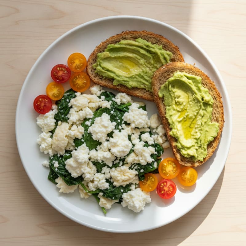Egg White Spinach Scramble with Cottage Cheese and Cherry Tomatoes