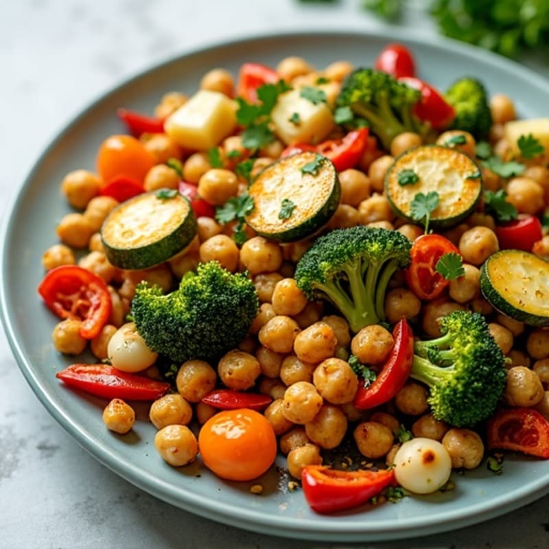Sheet Pan Roasted Vegetables with Crispy Chickpeas and Fresh Herb Dressing
