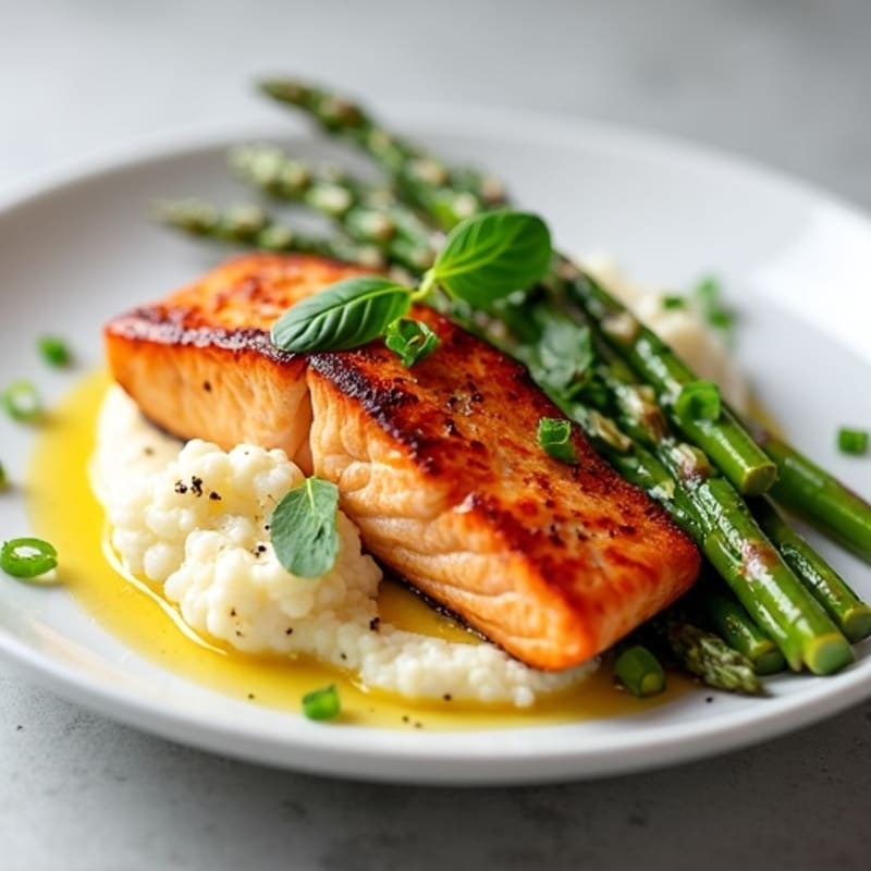 Seared Salmon with Roasted Asparagus and Cauliflower Mash
