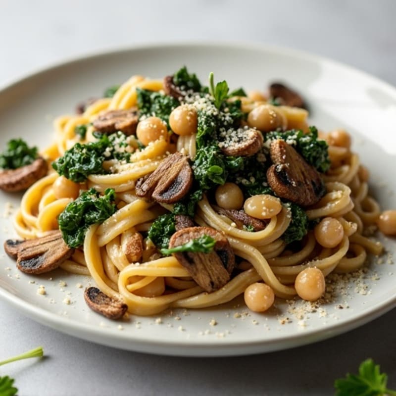 Roasted Mushroom and Truffle Pasta with Garlicky Greens