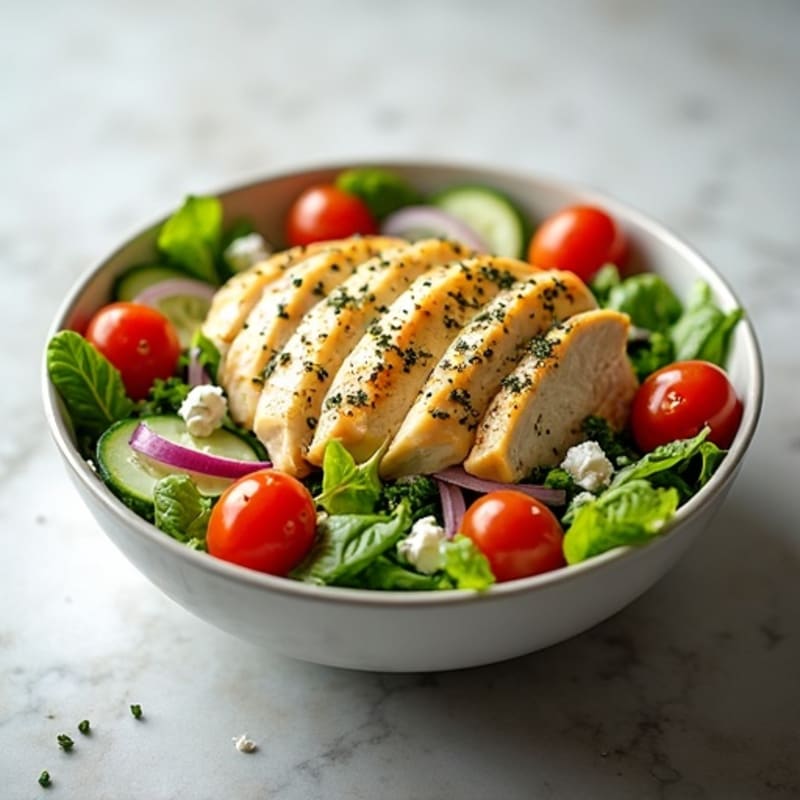 Tender Lemon-Herb Chicken and Fresh Vegetable Salad Bowl with Tangy Feta