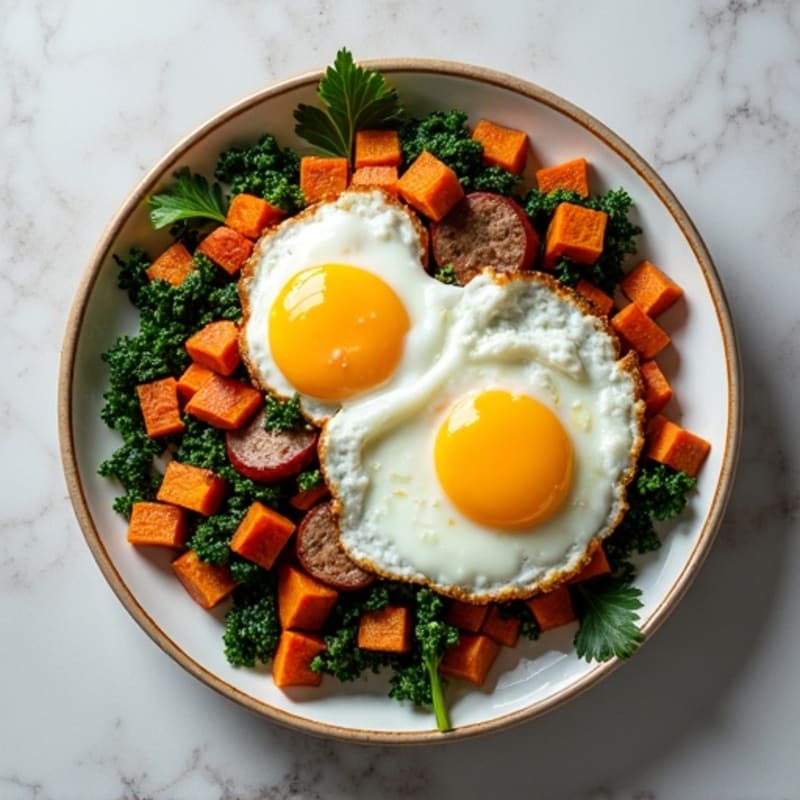 Crispy Sweet Potato and Kale Hash with Fried Eggs