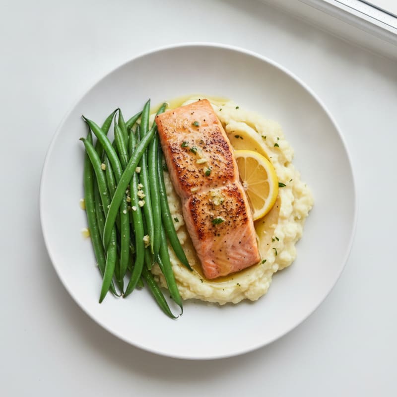 Seared Salmon Fillet with Steamed Green Beans and Garlic Mashed Cauliflower