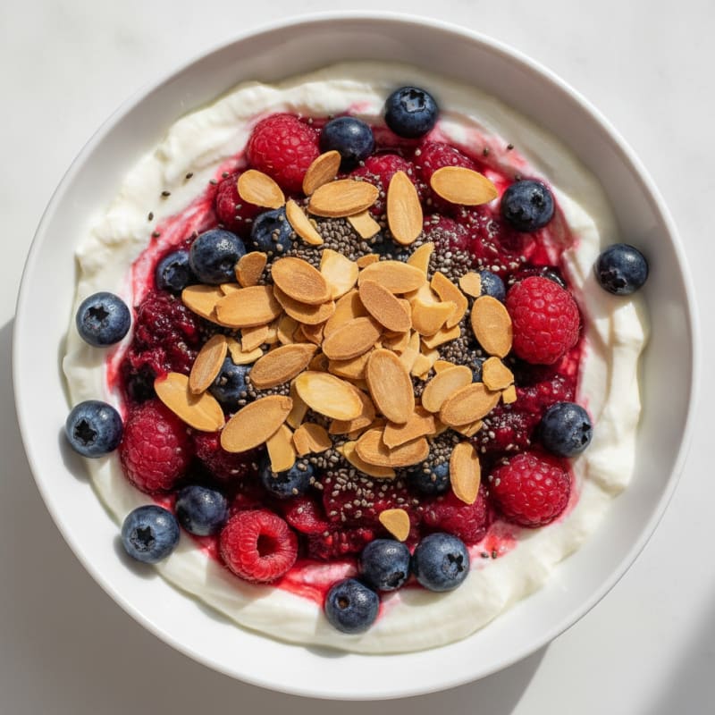 High-Protein Greek Yogurt Parfait with Mixed Berries and Almonds